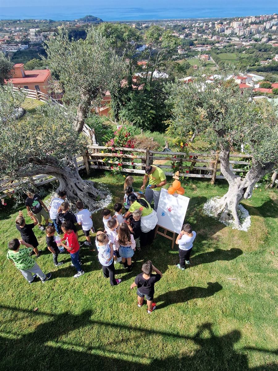 Laboratorio creativo tra gli ulivi con vista sul Golfo durante una festa alla Tenuta Sant'Angelo